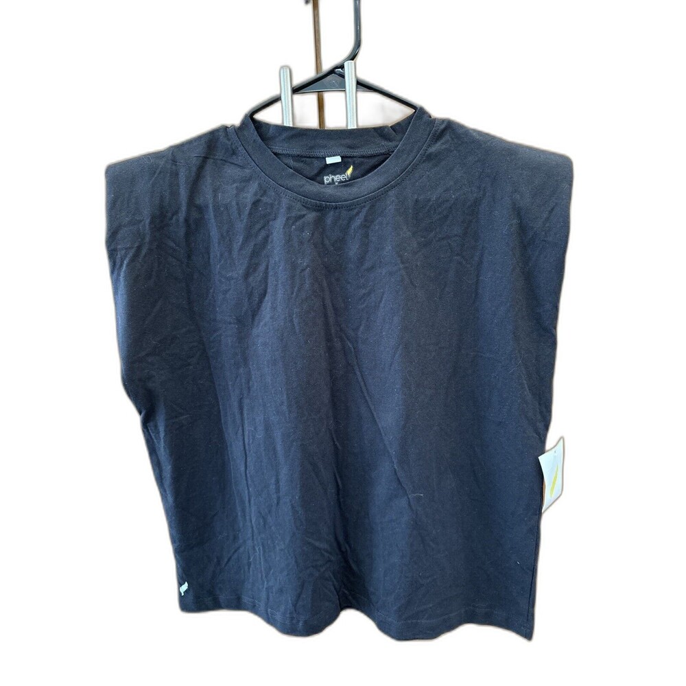 Pheel Women Sleeveless Padded Shoulder Black Crew Neck USA Muscle Tank Top L New